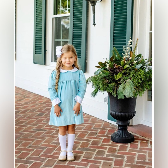 SOLD TBBC Patsy’s Dinner Dress - Brookline Blue Velveteen - Size 2T - Picture 2 of 6